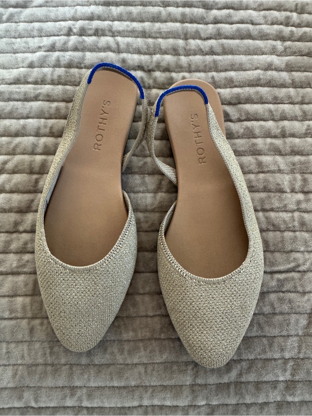 Rothy's Pointed Slingback Flats in Beige with Blue Trim